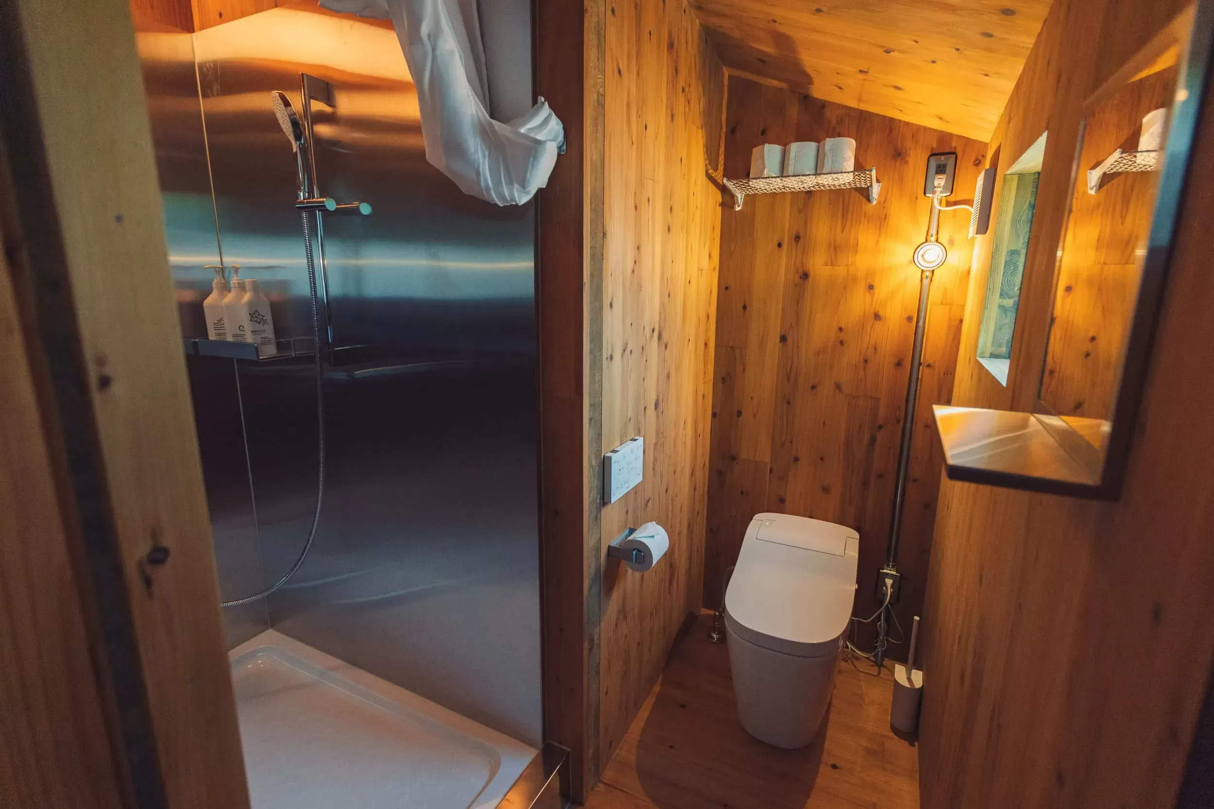 We provide environmentally friendly shampoo, conditioner, and body soap. Clean restrooms are also av